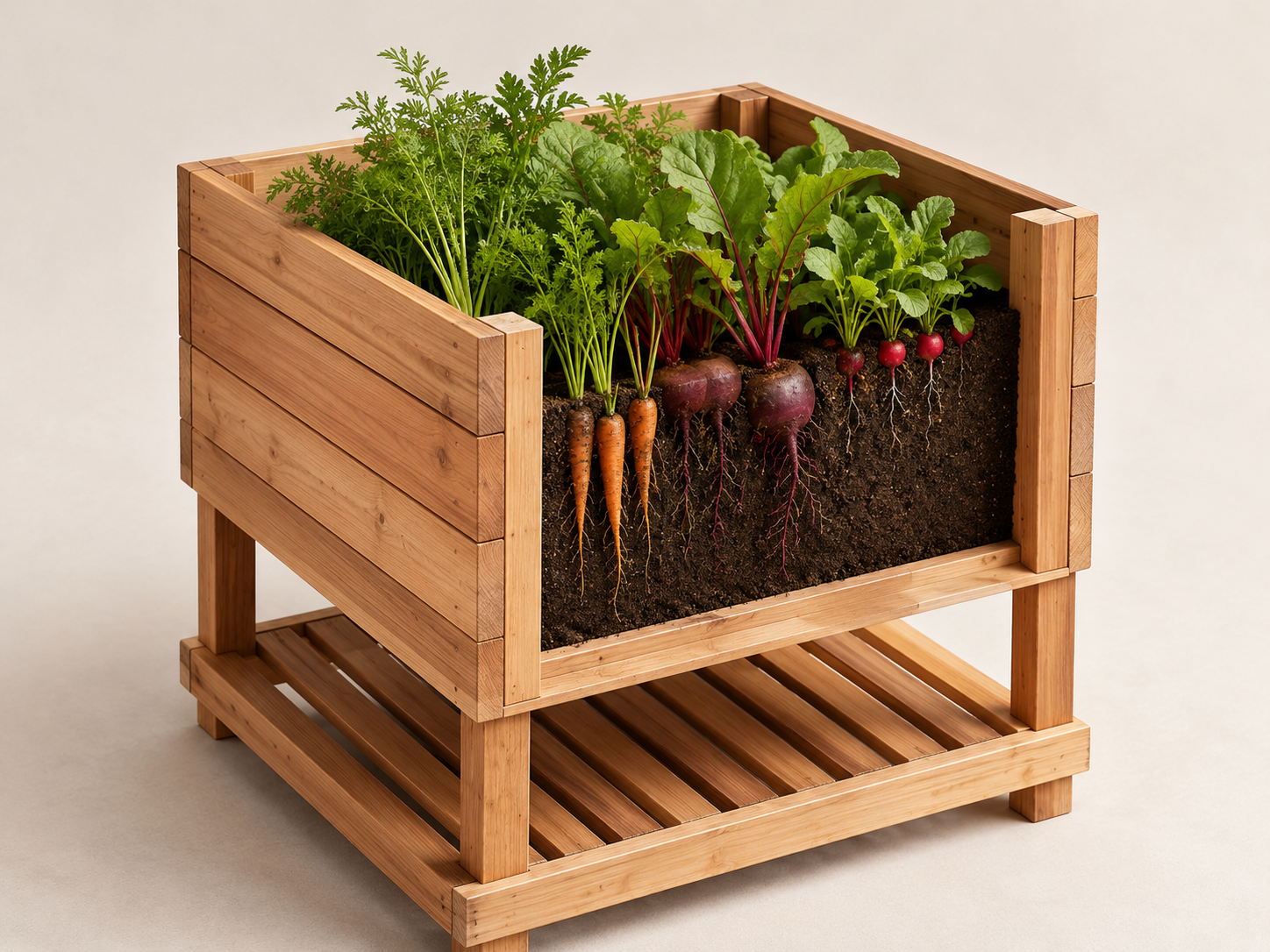 Cutaway illustration showing root vegetables growing in the deep root bed.