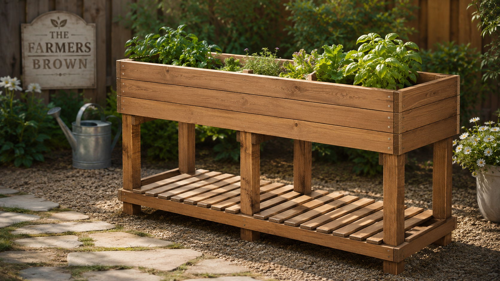 A planted Farmers Brown elevated bed in a backyard garden setting.